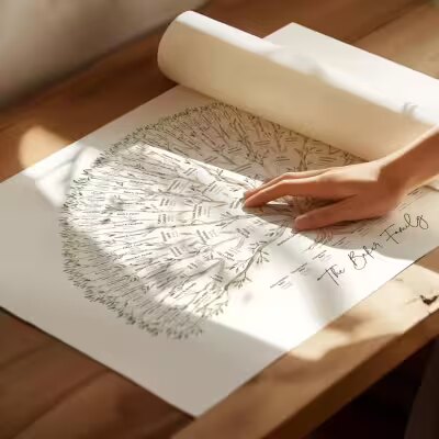 A family tree print of hundreds of names being unrolled on a table