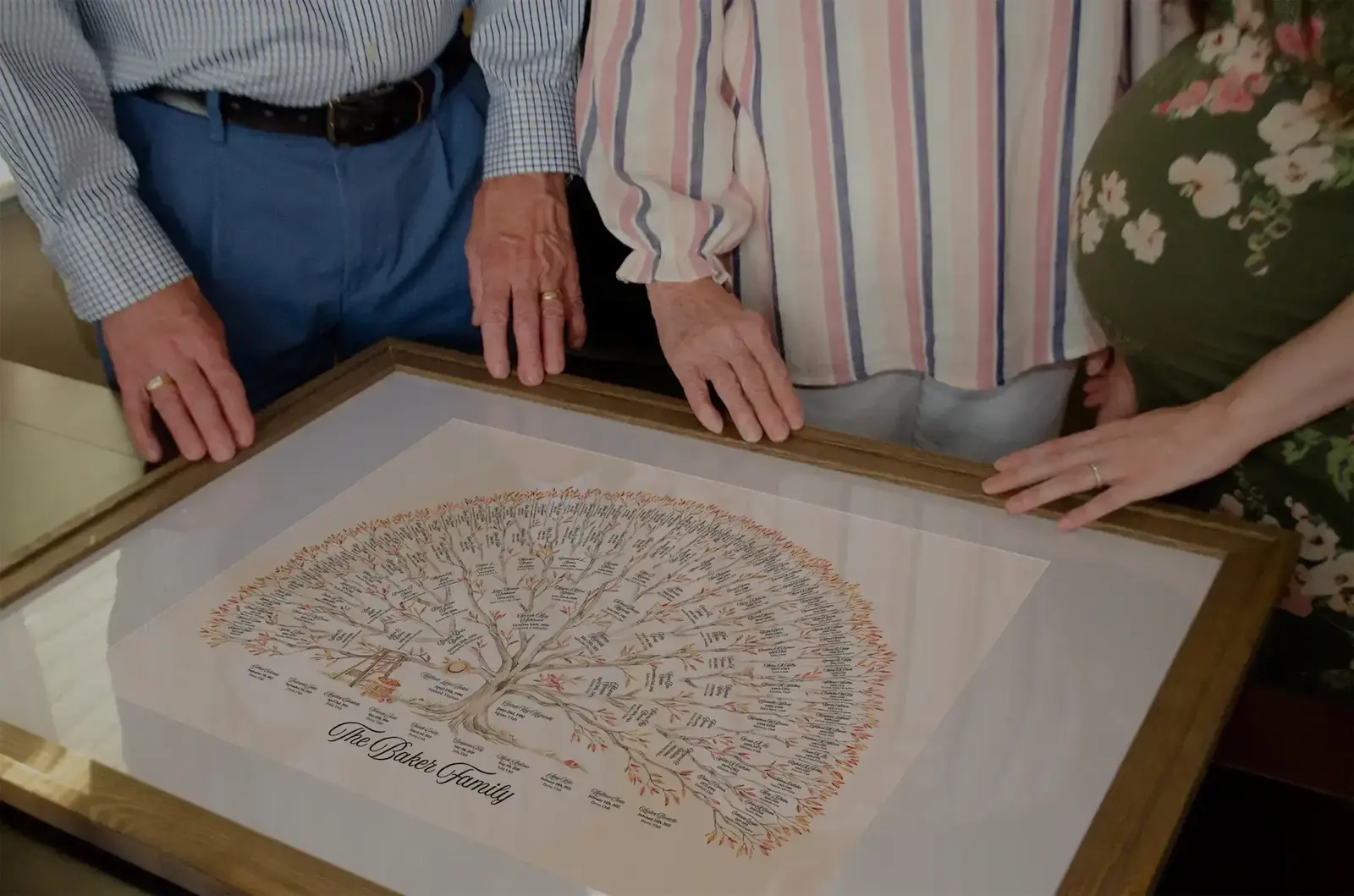 A family tree print shown in four seasonal art styles: spring, summer, autumn, winter