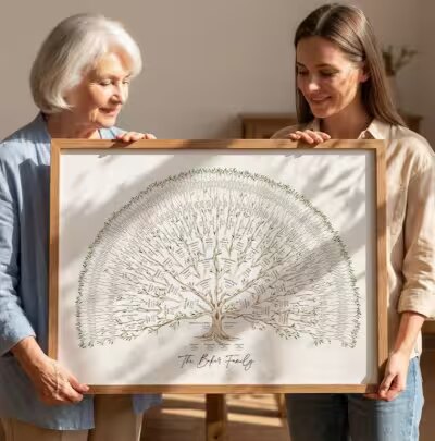 A large family tree print with many generations of names